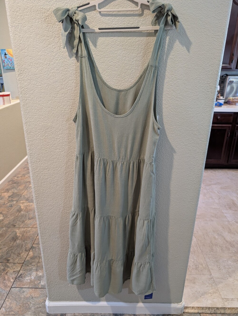 NWT CHOUYATOU SageGreen Tie Shoulder Tiered Midi Dress Summer Cotton Linen Blend